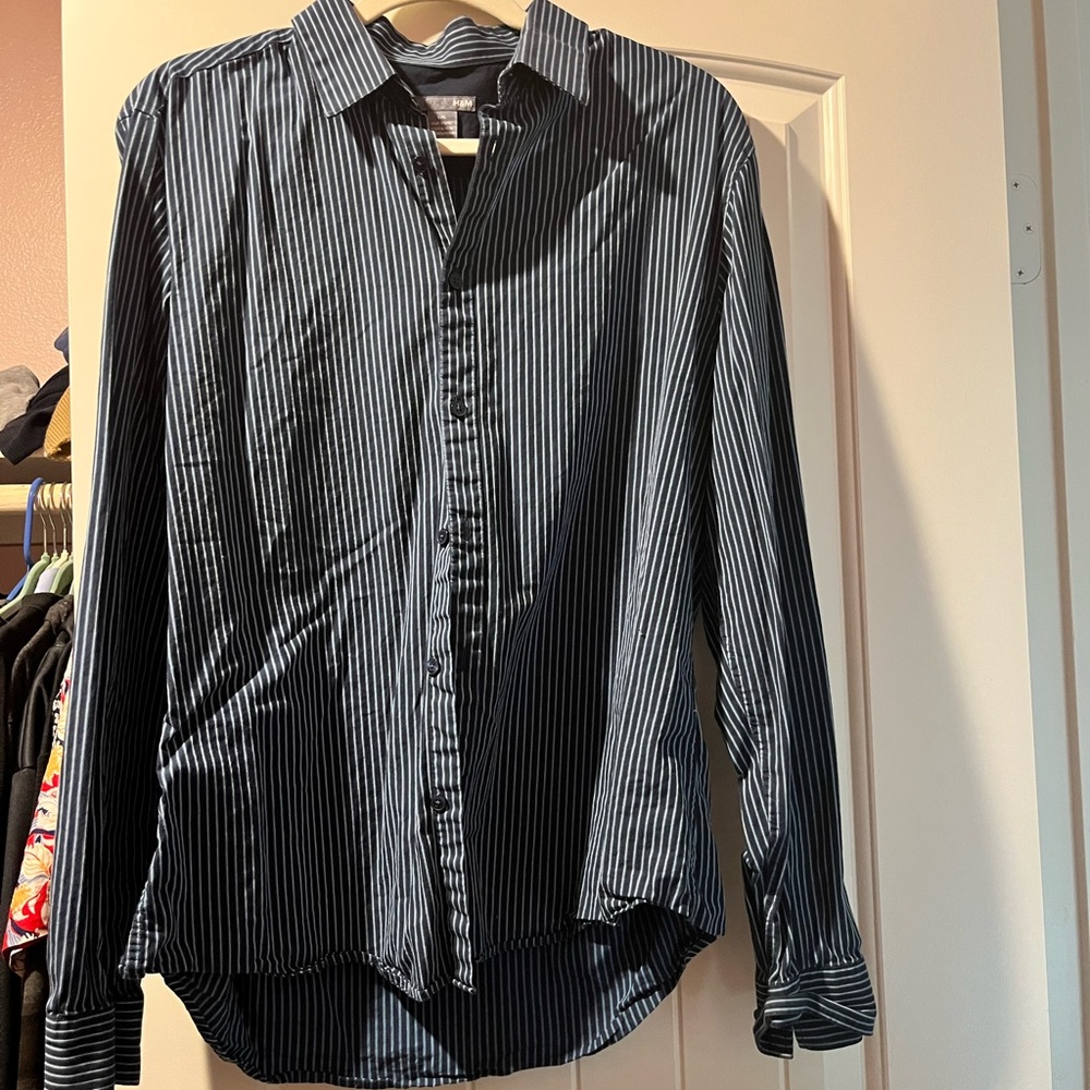 H&M Men's Navy Striped Button Down Shirt